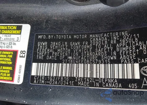 2011 Toyota Corolla Le из США, поврежденный, VIN 2T1BU4EE0BC579315